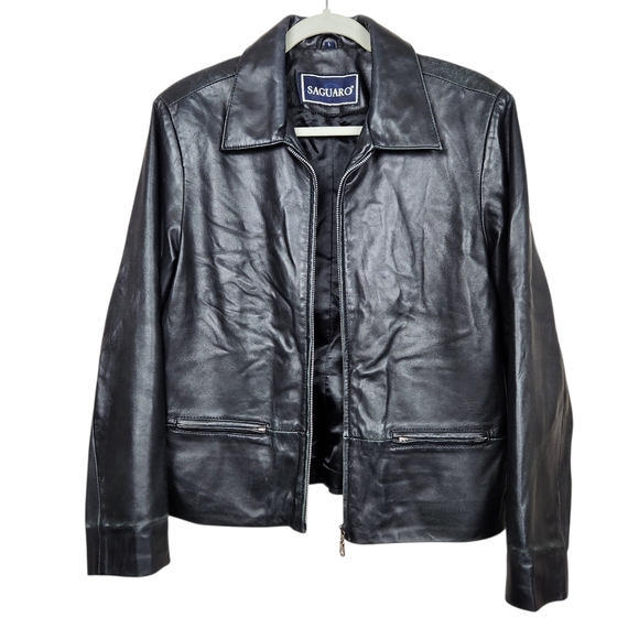 Saguaro Black 100% Leather Jacket Wide Collar Distressed Faded Womens Size L - Picture 8 of 11